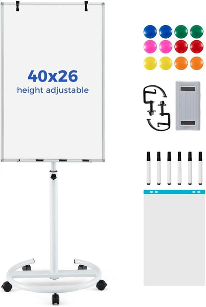 Height-Adjustable Mobile Dry Erase Board  40″ x 26″ on Stable Round Wheeled Stand