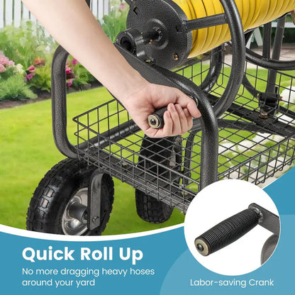 Heavy-Duty Hose Reel Cart with Integrated Storage Basket  Supports 300 Feet of 5/8-Inch Garden Hose