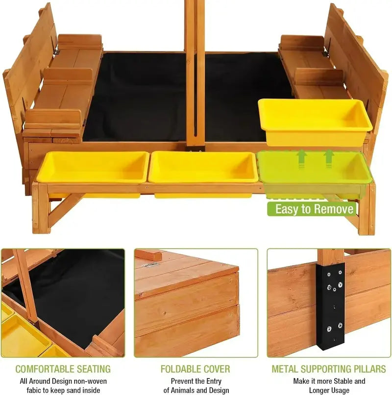 Kids’ Wooden Outdoor Sandbox with Retractable Canopy  Includes Foldable Benches & Sand Liner