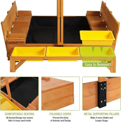 Kids’ Wooden Outdoor Sandbox with Retractable Canopy  Includes Foldable Benches & Sand Liner