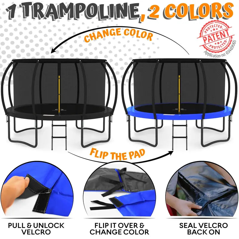 Jumpzylla 16-Foot Enclosed Trampoline with Dual-Tone Safety Pad  ASTM-Certified, Stable 4-Leg Design