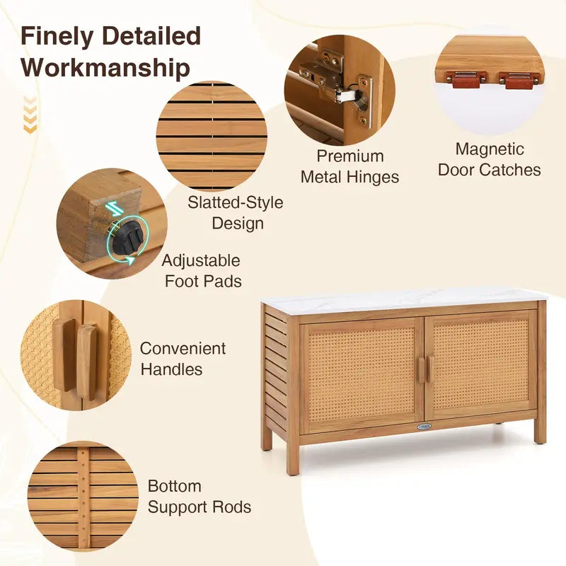 Acacia Wood Outdoor Storage Cabinet with Faux Marble Top and Weather-Resistant Finish