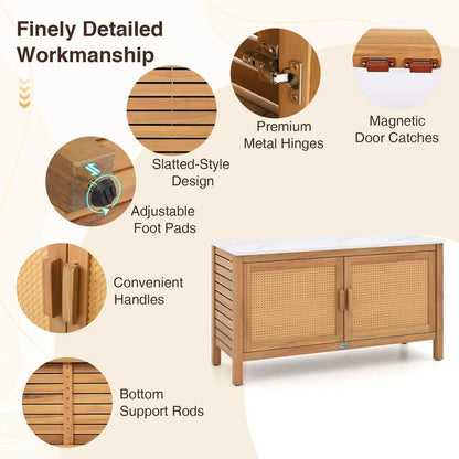 Acacia Wood Outdoor Storage Cabinet with Faux Marble Top and Weather-Resistant Finish