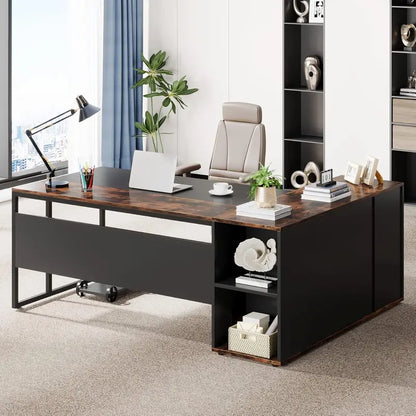 71-Inch L-Shaped Executive Desk  Office Workstation with Cabinet Storage, Shelves & Dual-Tone Finish (Brown/Black)