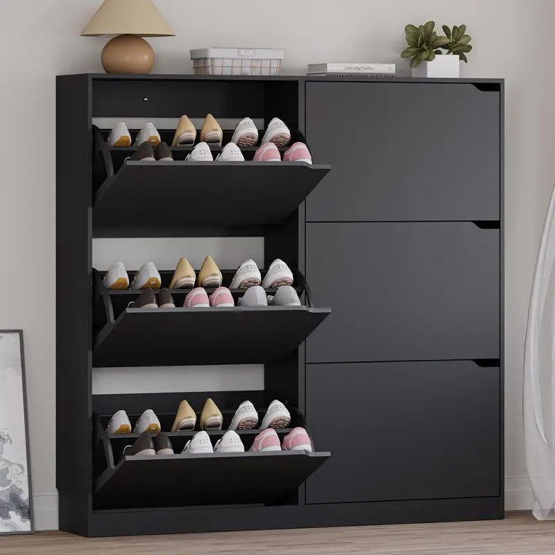 Discreet Freestanding Wood Shoe Cabinet with Three Concealed Flip Drawers