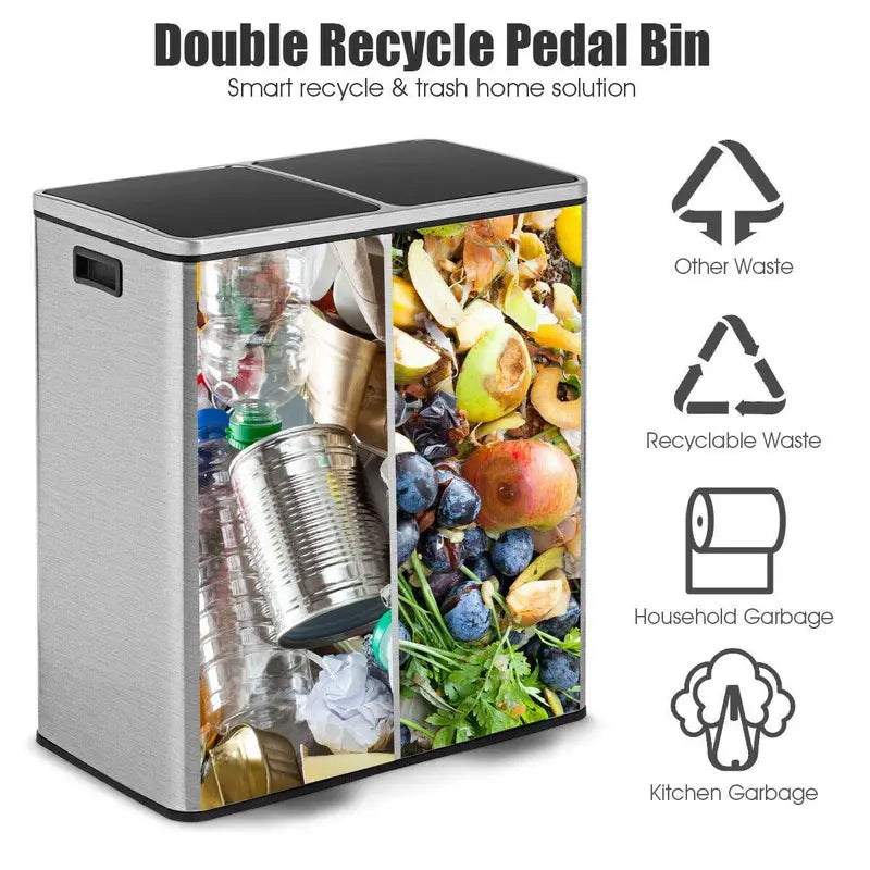 Dual-Compartment Stainless Steel Step Trash Can  60-Liter (16-Gallon) Touch-Free Bin Set