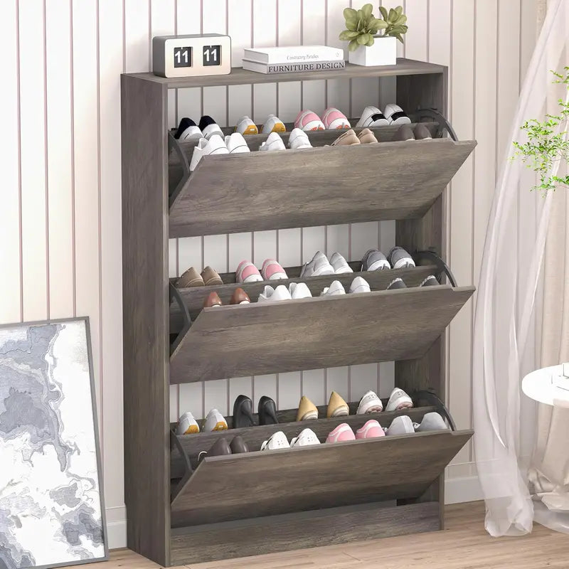 Discreet Freestanding Wood Shoe Cabinet with Three Concealed Flip Drawers