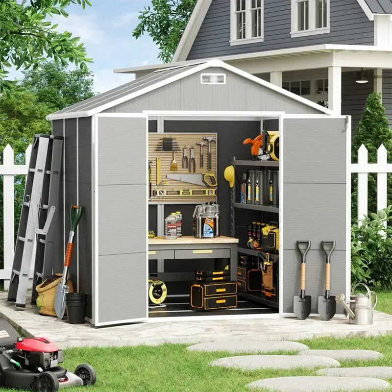 All-Weather Resin Storage Shed  Spire-Style Outdoor Tool Shed (6’x4′, 6’x8′, 8’x6′, or 8’x10′) with Floor Included