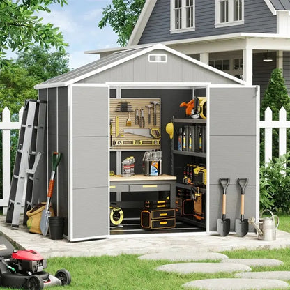 All-Weather Resin Storage Shed  Spire-Style Outdoor Tool Shed (6’x4′, 6’x8′, 8’x6′, or 8’x10′) with Floor Included