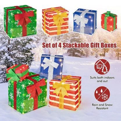 Set of 4 Stackable Pre-Lit Gift Box Decorations with Warm White LEDs &amp; Integrated Ribbons