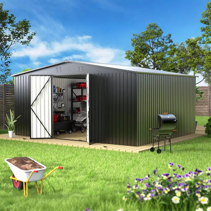 14x12ft Waterproof Steel Storage Shed  Heavy-Duty Utility & Garden Tool Shelter