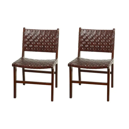 Handwoven Leather Dining Chairs with Teak Frames  Set of Two in Brown, White, or Black