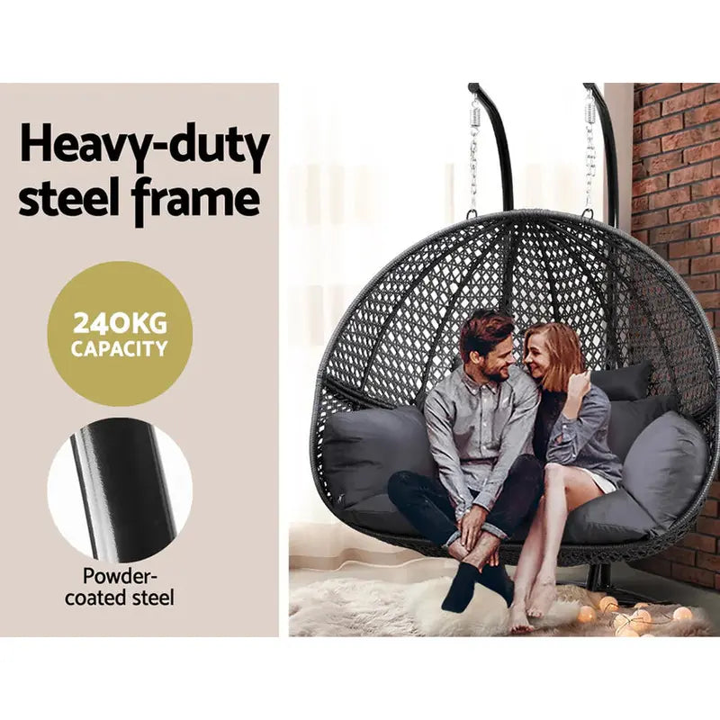 Gardeon Wicker Egg Swing Chair  Two-Person Outdoor Pod with Grey Cushions & Stand