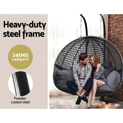 Gardeon Wicker Egg Swing Chair  Two-Person Outdoor Pod with Grey Cushions & Stand