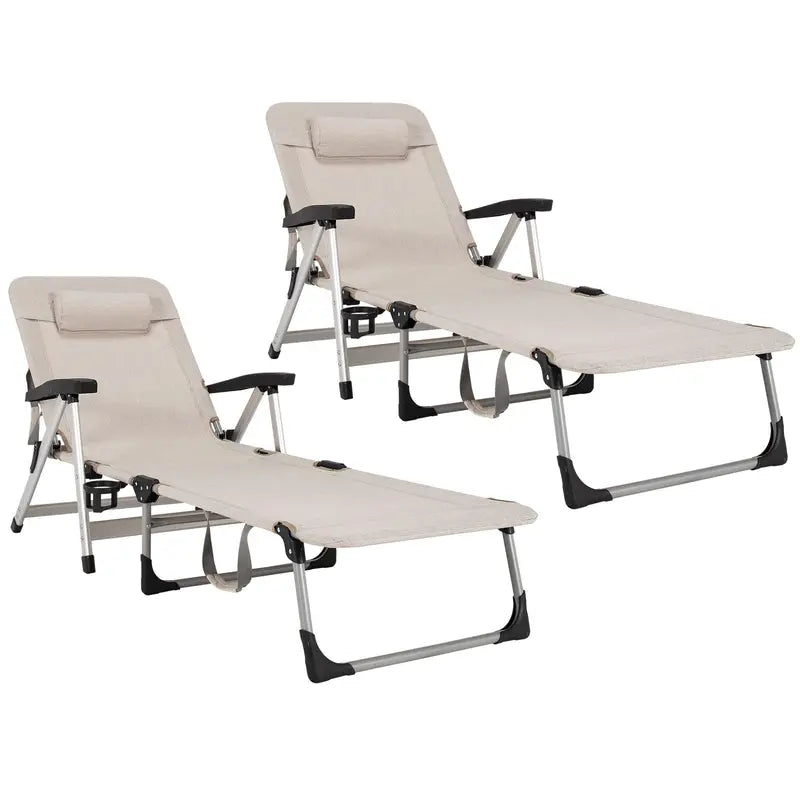 Adjustable Folding Chaise Lounge Chair for Outdoor Use  Includes Cup Holder and Removable Headrest