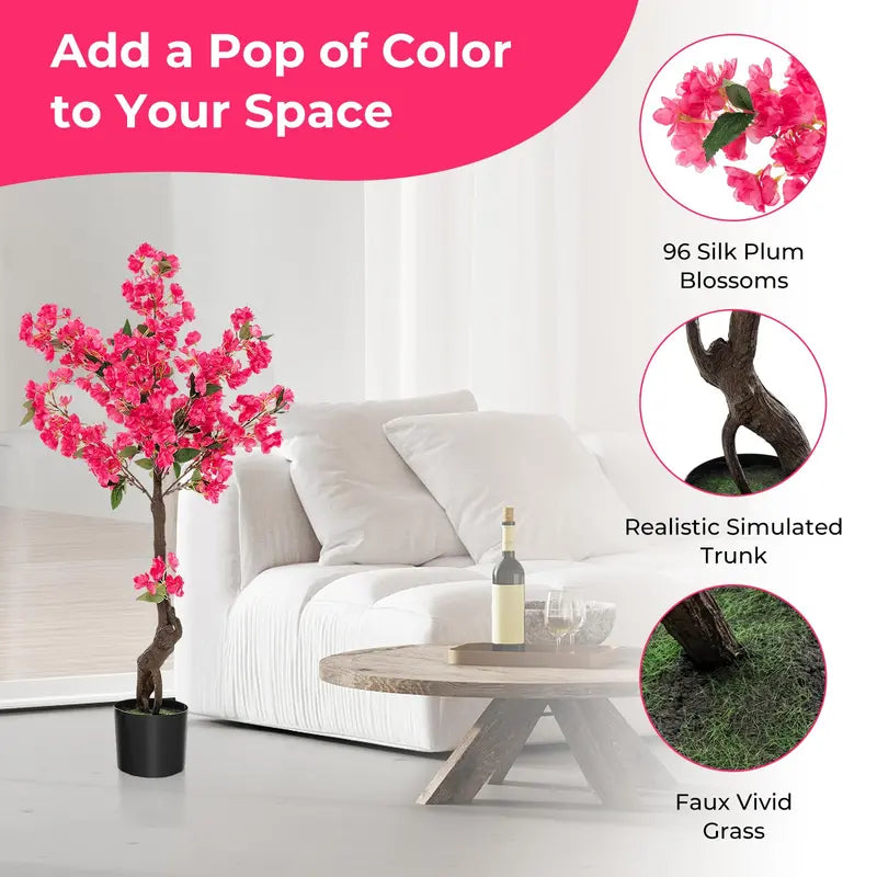 Lifelike Artificial Plum Blossom Tree  41″ Silk Floral Display with 92 Blooms & Realistic Trunk