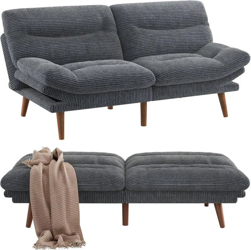Compact Convertible Futon Sofa Bed  66″ Corduroy Reclining Sleeper for Small Apartments or Studios