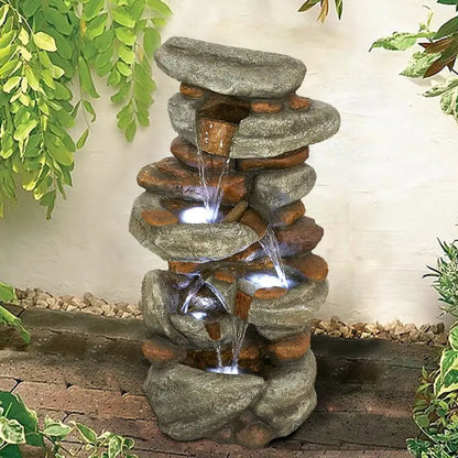 Watnature 4-Tier Rock Water Fountain with LED Lights  Outdoor Water Fountains Cascading Floor Water Feature Art Decor for Garden, Pation, Deck, Porch