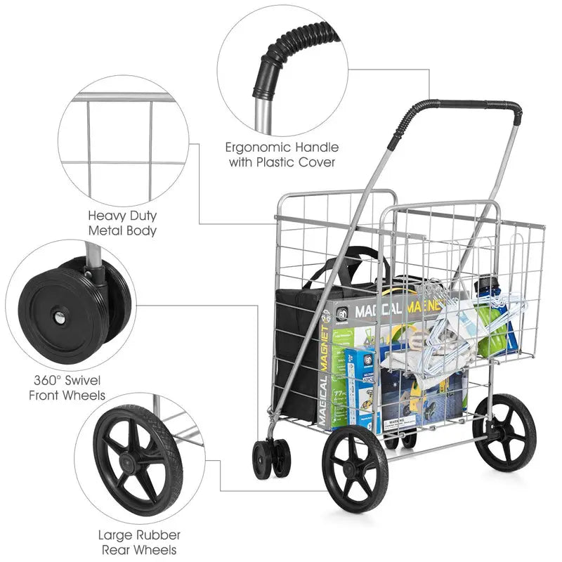 Jumbo Capacity Folding Shopping Cart  Multi-Use Carrier for Groceries, Luggage & More