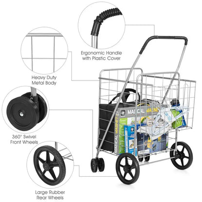 Jumbo Capacity Folding Shopping Cart  Multi-Use Carrier for Groceries, Luggage & More
