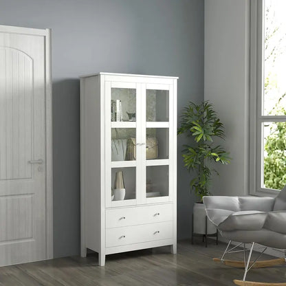 White Freestanding Buffet Cabinet with Soft-Close Glass Doors, Three-Tier Shelving, Two Drawers, and Farmhouse-Inspired Storage Solutions