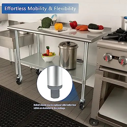 HARDURA Stainless Steel Table 24 x 48 Inches with Wheels Casters NSF