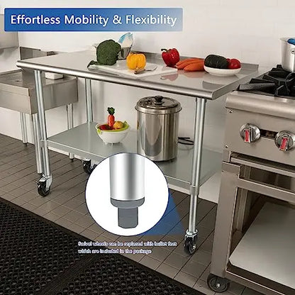 HARDURA Stainless Steel Table 24 x 48 Inches with Wheels Casters NSF