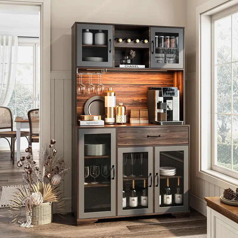 71″ Tall Kitchen Hutch Cabinet  Glass-Front Pantry Storage Unit with Open Shelving & Display Space