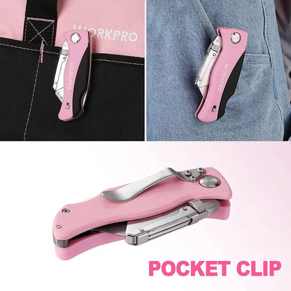 WORKPRO Pink Folding Utility Knife  Quick-Change Razor Blade Cutter with Pink Ribbon Design