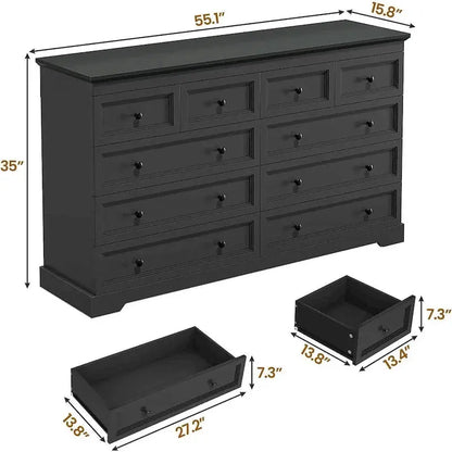 10-Drawer Wooden Dresser  Tall Chest of Drawers with Ample Bedroom Storage Space