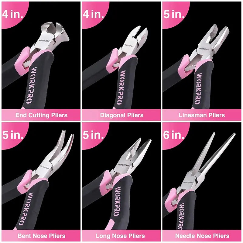 WORKPRO 6-Piece Mini Pliers Set in Pink Ribbon Pouch