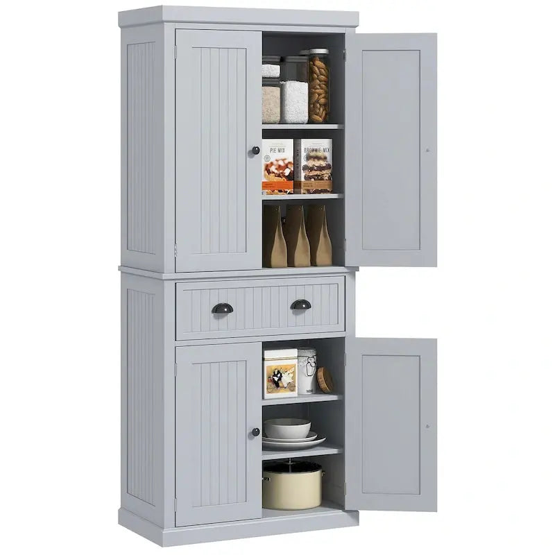72-Inch Freestanding Pantry Cabinet  Traditional Style with Four Doors, Three Adjustable Shelves, and Spacious Center Drawer