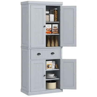 72-Inch Freestanding Pantry Cabinet  Traditional Style with Four Doors, Three Adjustable Shelves, and Spacious Center Drawer