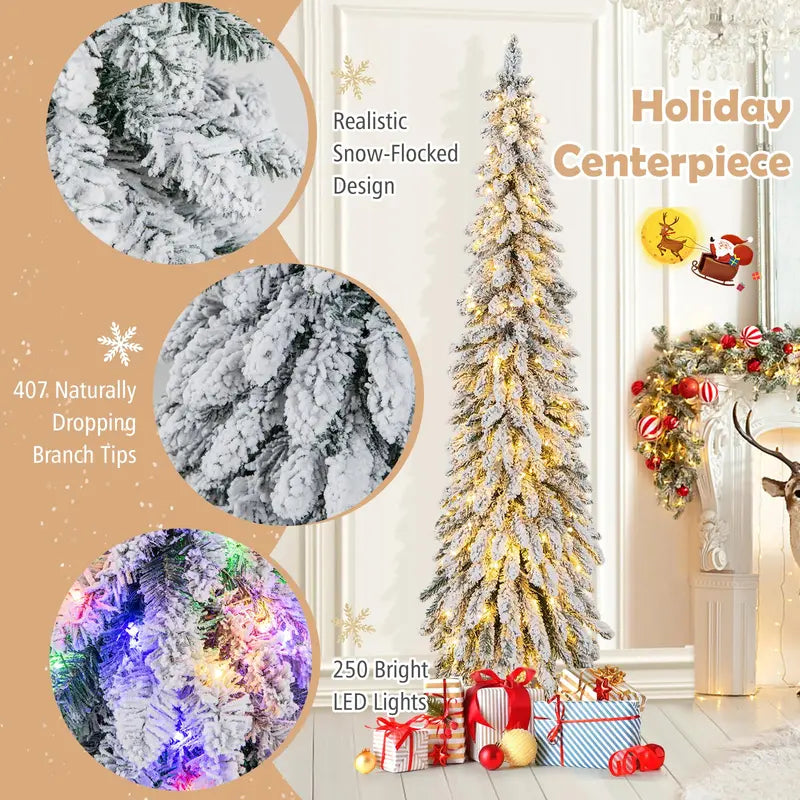 6-Foot Pre-Lit Flocked Pencil Christmas Tree with 250 Warm LED Lights