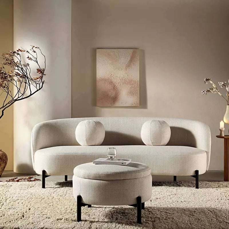 Curved 3-Seater Sofa with Ball-Shape Cushions  Beige Linen-Blend Lounge Sofa