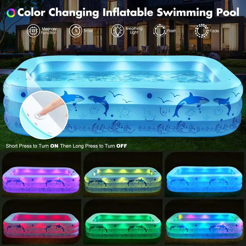 2026 Upgraded Solar-Inflatable Pool for Adults with LED Lights  Large Backyard Swimming Pool