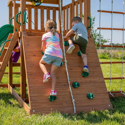 Wooden Mountain-Themed Swing Set  Includes Canopy Shade, Wave Slide, Rope & Net Swings, Rock Wall, Ladders & Steering Wheel