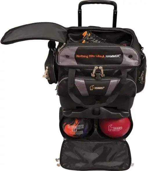 Premium 4-Ball Stackable Bowling Ball Bag  Durable Polyester, Wheeled Design, Multiple Compartments