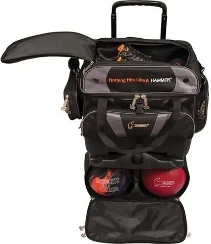 Premium 4-Ball Stackable Bowling Ball Bag  Durable Polyester, Wheeled Design, Multiple Compartments