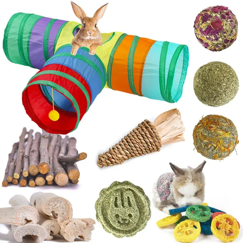 PetPlay Rabbit Tunnel & Chew Toy Set  Durable Polyester, Dental Health, Space-Saving, For Rabbits & Rodents