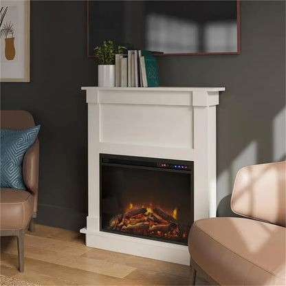 Ameriwood Home Ellsworth Electric Fireplace Console  White Mantel Unit with Built-In Heater and Ambient Glow