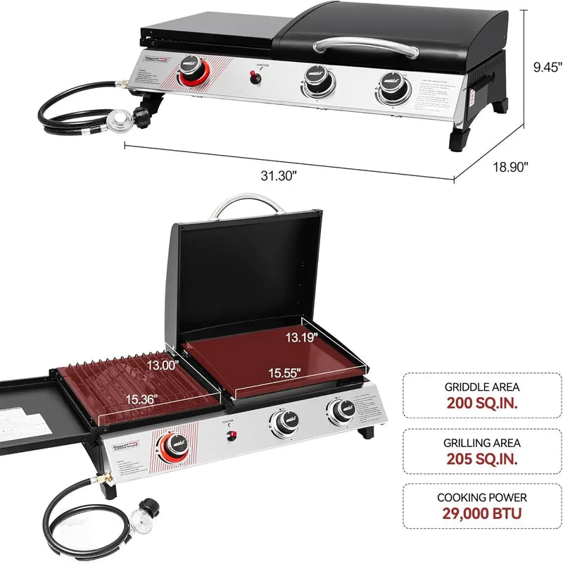 Royal Gourmet PD1305H 3-Burner Propane Grill & Griddle Combo  Lid-Integrated 3-in-1 Cooking Station