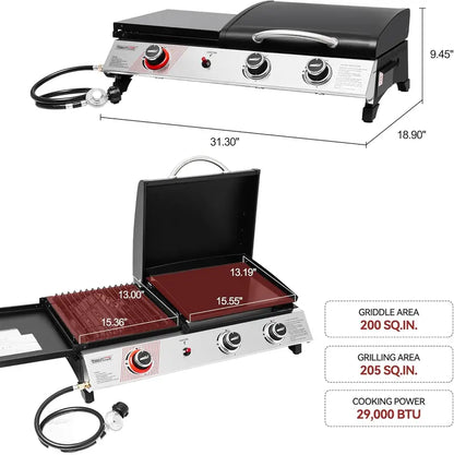 Royal Gourmet PD1305H 3-Burner Propane Grill & Griddle Combo  Lid-Integrated 3-in-1 Cooking Station