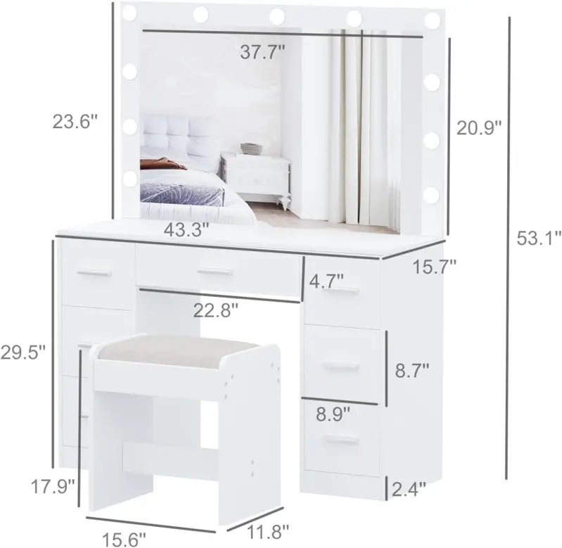 Lighted Vanity Desk Set  Adjustable Brightness Makeup Table with 3-Color LED Mirror & Matching Stool