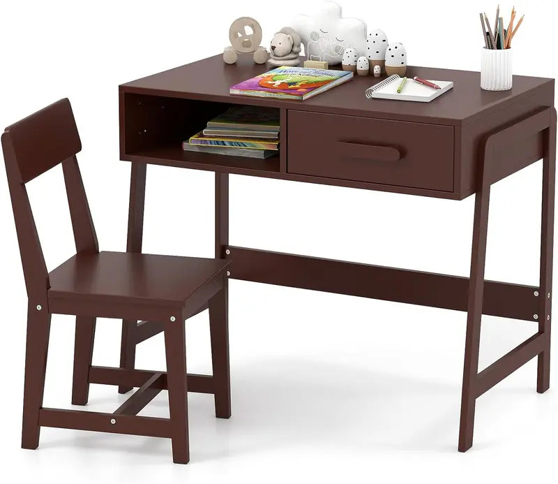 Wooden Kids’ Desk & Chair Set  Ergonomic Student Study Table with Hutch, Storage Drawer, and Matching Chair for Ages 3+ (White)
