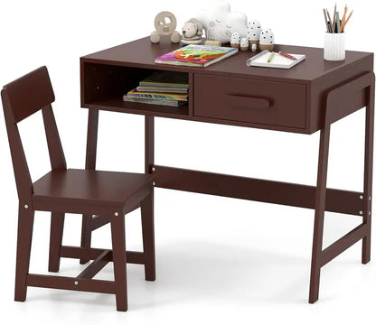 Wooden Kids’ Desk & Chair Set  Ergonomic Student Study Table with Hutch, Storage Drawer, and Matching Chair for Ages 3+ (White)