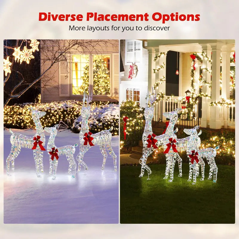 Three-Piece Lighted Reindeer Family — Large-Scale Outdoor Christmas Decor with Integrated LED Lighting and Bows