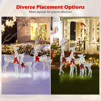 Three-Piece Lighted Reindeer Family — Large-Scale Outdoor Christmas Decor with Integrated LED Lighting and Bows