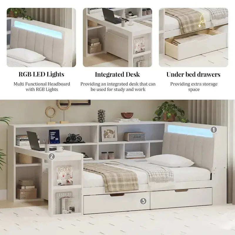 L-Shaped Upholstered Sofa Daybed with Built-in Desk, Bookcase, LED Headboard, and Under-Bed Storage