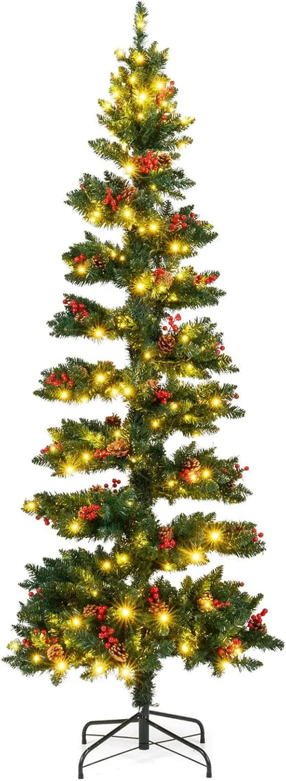 6-Foot or 7-Foot Spiral Pre-Lit Christmas Tree Featuring Pine Cones, Red Berries, and Realistic Tips
